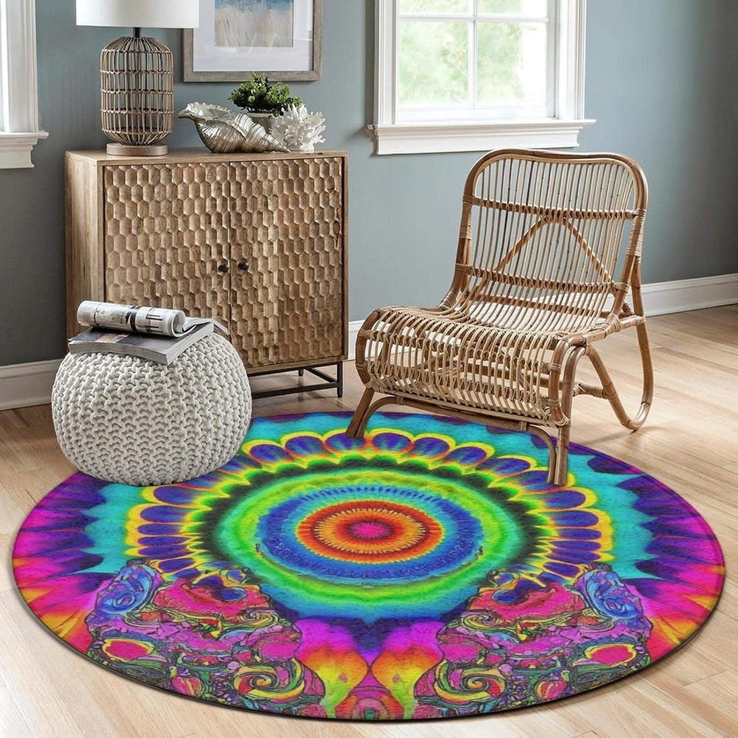Machine Washable Modern Round Area Rug, Room Sofa Yoga Soft Round Carpet, Home Decor Non Slip Kitchen Office Circle Rug Trippy Rainbow Mushroom Tie Dye Art, 60inch