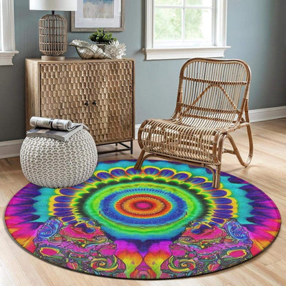 Machine Washable Modern Round Area Rug, Room Sofa Yoga Soft Round Carpet, Home Decor Non Slip Kitchen Office Circle Rug Trippy Rainbow Mushroom Tie Dye Art, 60inch