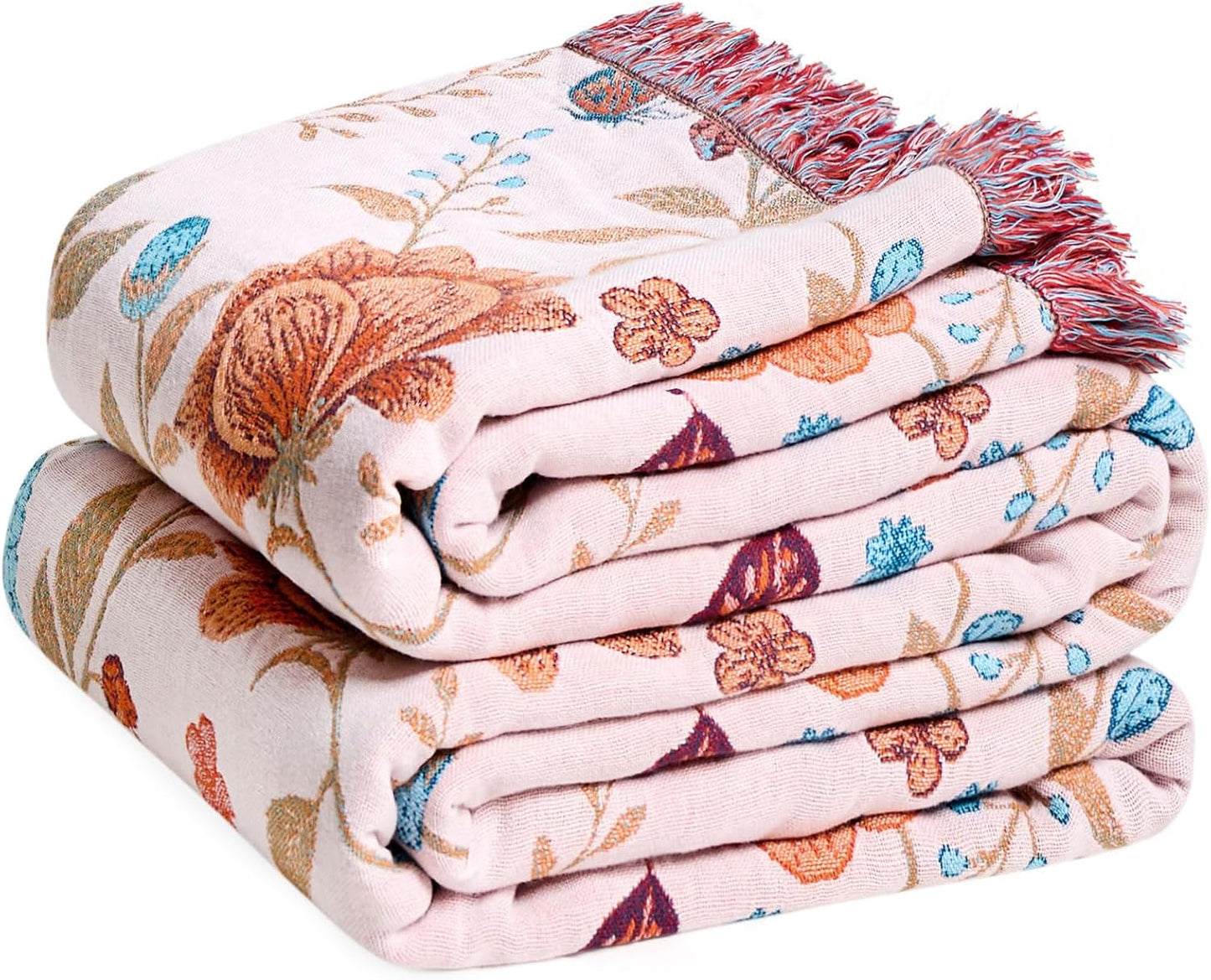 Boho Throw Blanket - 100% Cotton Soft Summer Throw Blanket for Bed, 50"x60" Reversible Breathable Lightweight Blankets, All Seasons Farmhouse Decor Floral Plant Butterfly Throw Quilt