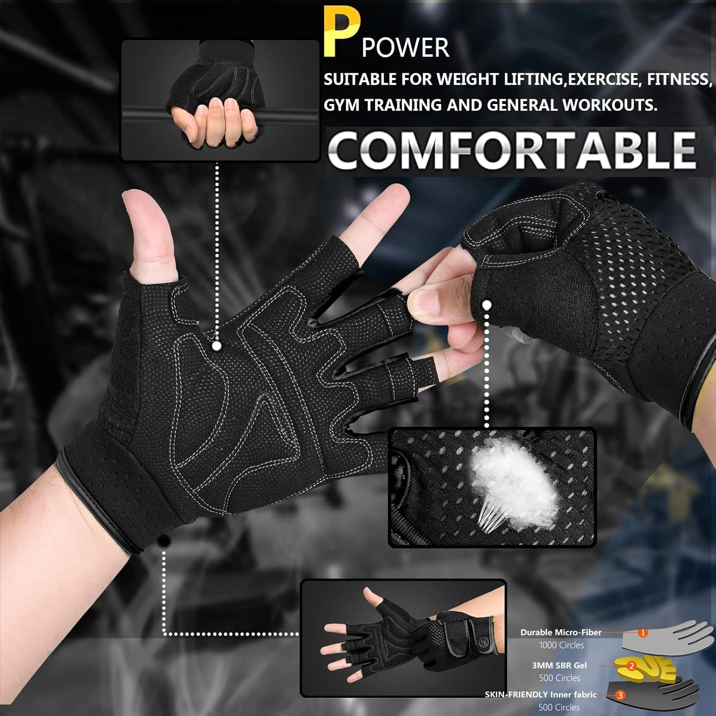 MOREOK Workout Gloves Padded Weight Lifting Gloves for Men/Women, [3MM Gel] Fingerless Grip Gym Gloves Fitness Gloves for Exercise,Hanging,Weightlifting, Cycling, Pull ups, Rowing