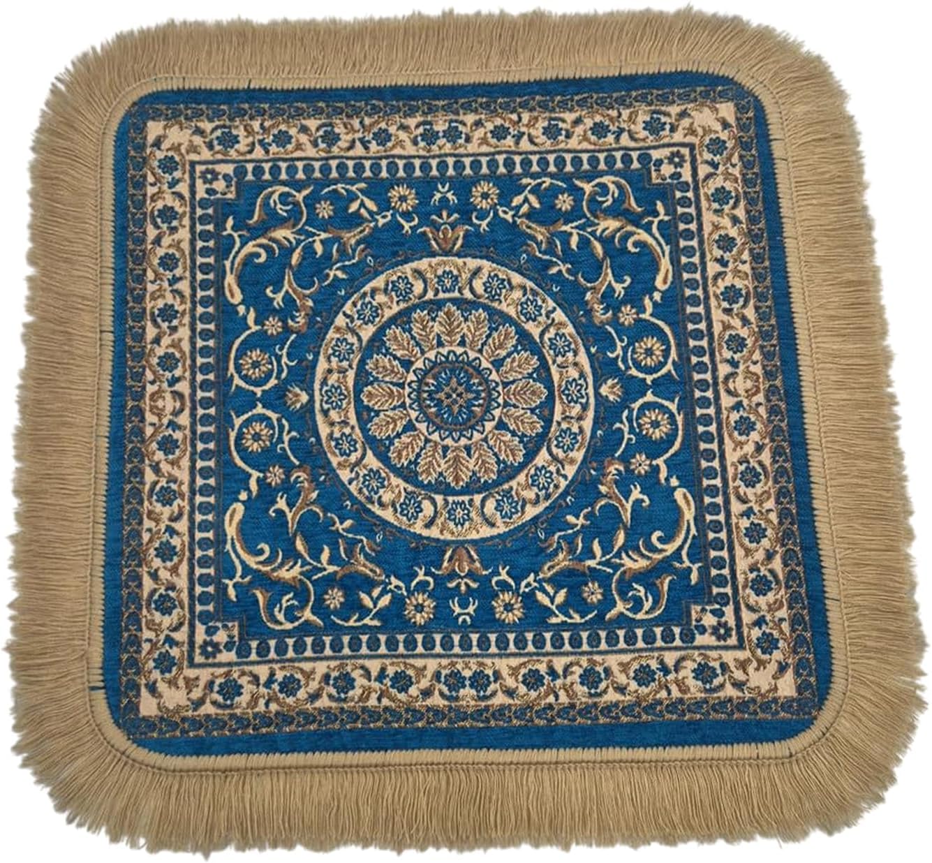 Soft Chenille Prayer Mat | Traditional Mandala Floral Pooja Aasan with Golden Fringes | Multipurpose Square Rug for Meditation, Yoga, Puja Room & Home (Red, 2x2 Feet)