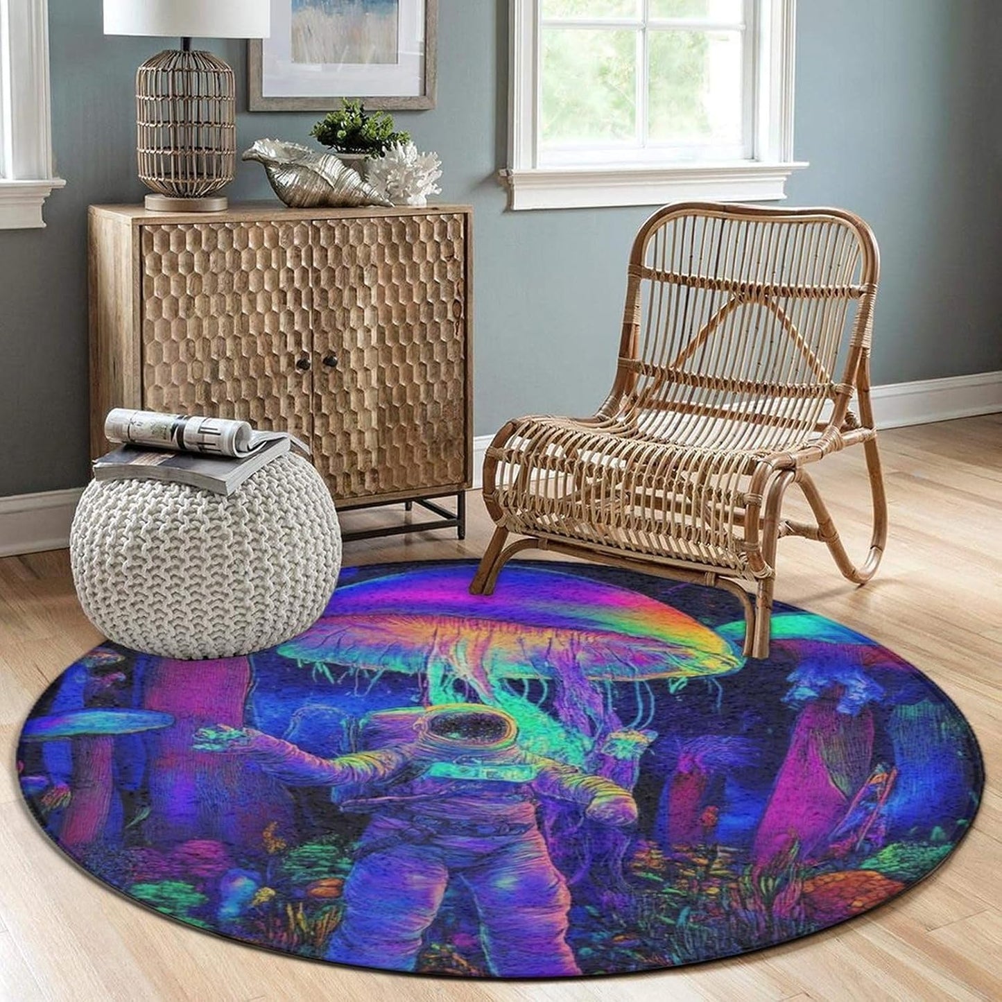 Home Decor Non Slip Kitchen Office Circle Rug, Machine Washable Modern Round Area Rug, Room Sofa Yoga Soft Round Carpet Purple Galaxy Trippy Space Astronaut Art, 36inch