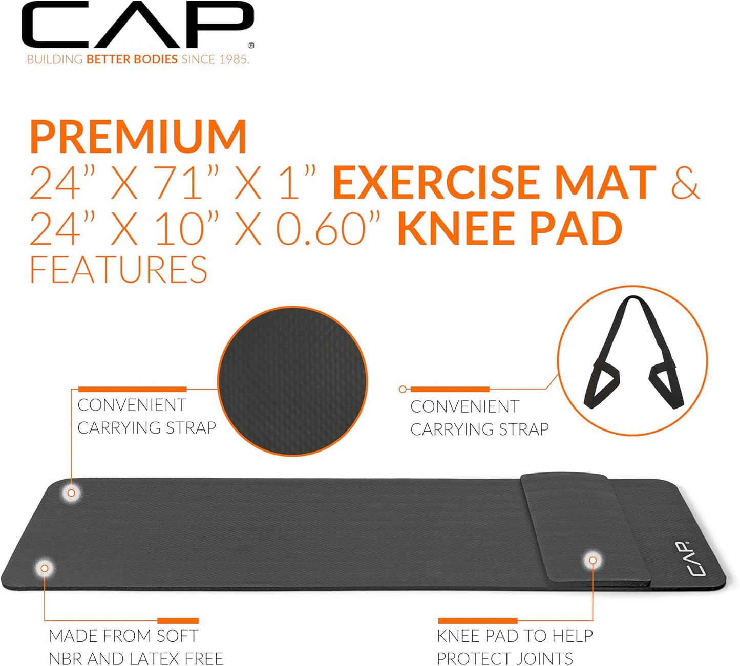 CAP Barbell 1/2-Inch High Density Exercise Yoga Mat with Strap | Multiple Options