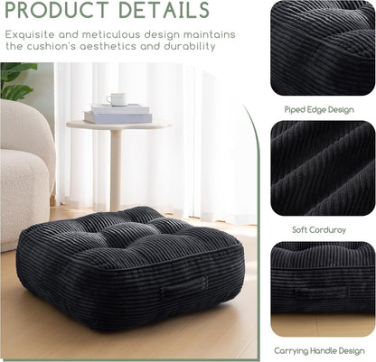 HIGOGOGO Floor Pillow Cushion for Adults, Meditation Cushion Pillow, Large Square Floor Sitting, Tufted Corduroy Cover, for Tatami Living Room or Yoga, 22x22 Inch, Dark Grey