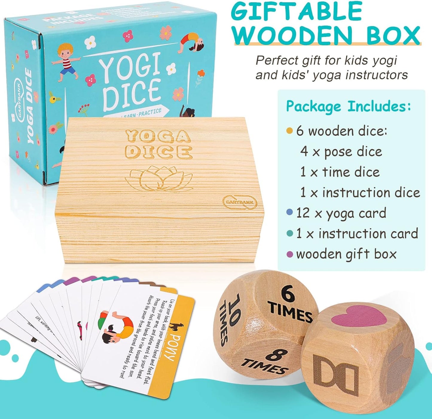 Garybank Yoga Dice in Wooden Gift Box with Practice Guide, 8 Workout Exercise Dice, Tons of Possible Combinations, Yoga Accessories Gifts for Beginners Women, Mindfulness Meditation Gifts,Fitness Dice