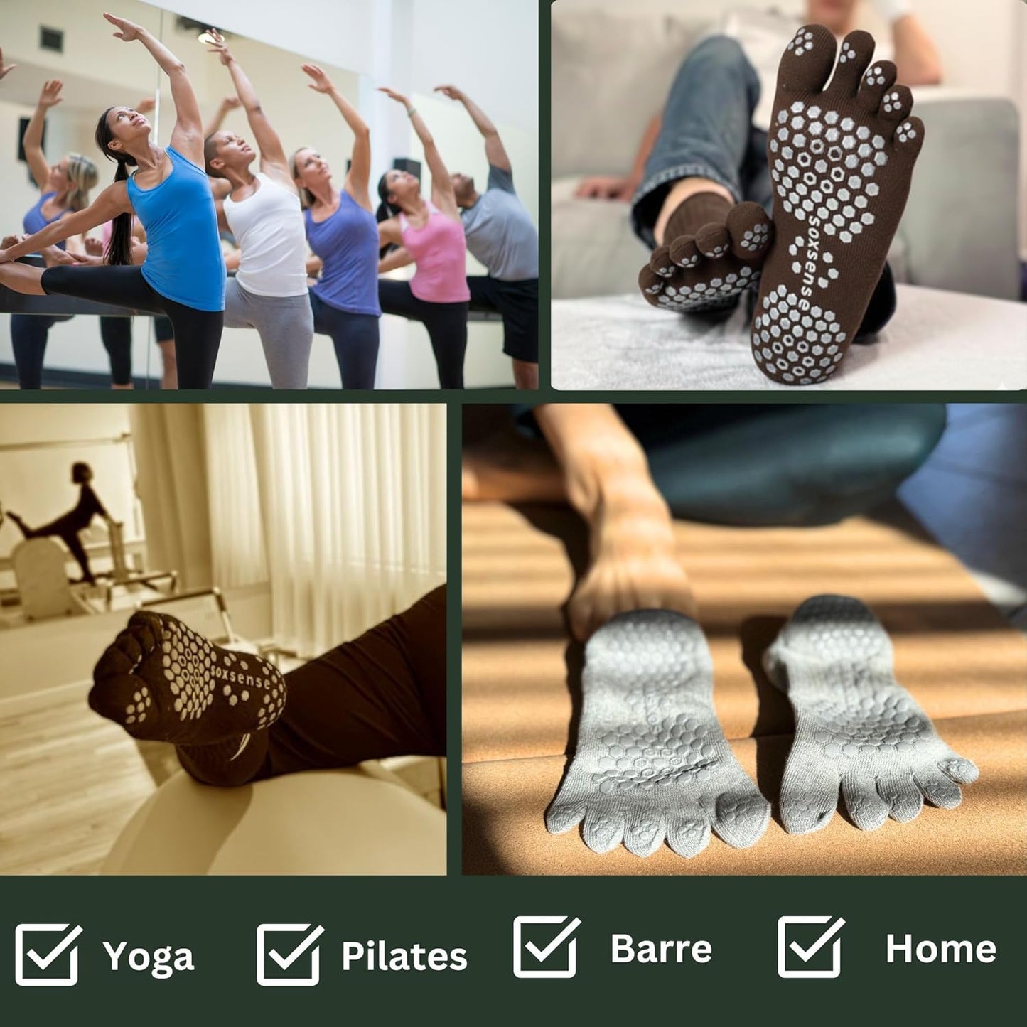 Soxsense Pilates Grip Toe Socks for Women & Men, Cushioned Low-Cut Five Finger Socks Non Slip for Yoga, Barre, Gym