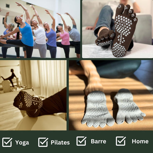 Soxsense Pilates Grip Toe Socks for Women & Men, Cushioned Low-Cut Five Finger Socks Non Slip for Yoga, Barre, Gym