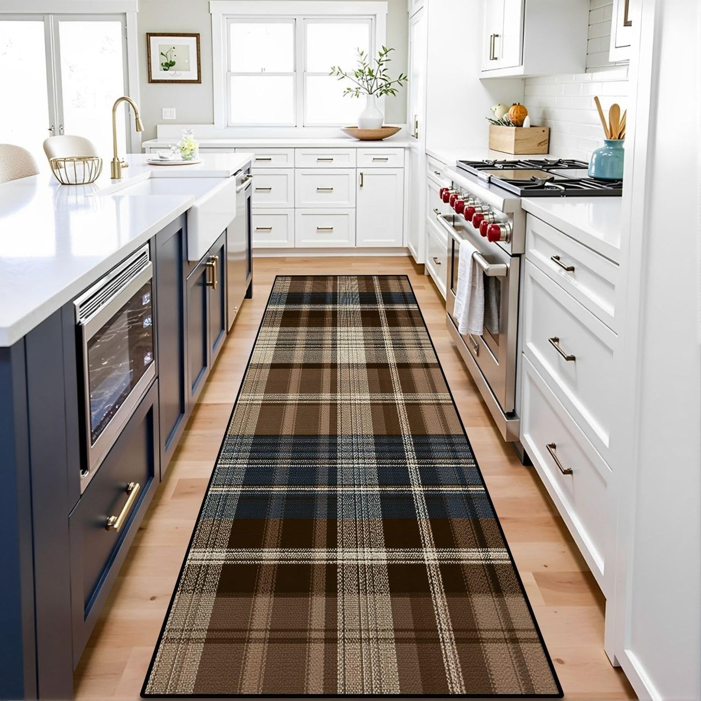 Runner Rug Washable 2x6 White Navy Blue Green Tartan Plaid Scottish Texture from Tartan Plaid Non-Slip Hallway Area Rug Indoor Outdoor Home Decor for Entryway Bathroom Kitchen Carpet Yoga Floor Mat