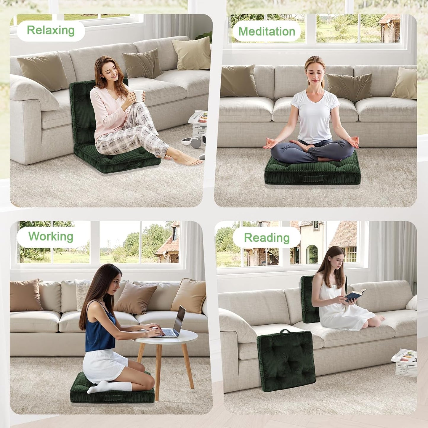 Meditation Floor Cushion, 22x22 Tufted Floor Pillow for Adults, Square Large Meditation Cushion Pillow, Green Corduroy Sitting with Handle, Yoga Seating for Tatami, 1Pack