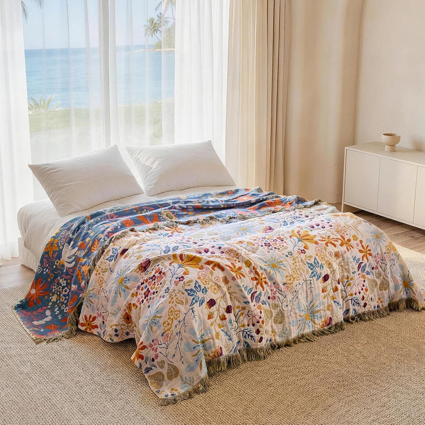 Boho Throw Blanket - 100% Cotton Soft Summer Throw Blanket for Bed, 50"x60" Reversible Breathable Lightweight Blankets, All Seasons Farmhouse Decor Floral Plant Butterfly Throw Quilt
