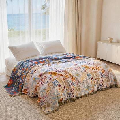 Boho Throw Blanket - 100% Cotton Soft Summer Throw Blanket for Bed, 50"x60" Reversible Breathable Lightweight Blankets, All Seasons Farmhouse Decor Floral Plant Butterfly Throw Quilt