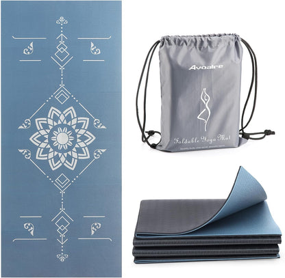 Avoalre Folding Yoga Mat, Eco-Friendly PVC Travel Yoga Mat Packable, Double Sided Non-Slip Printed Yoga Mats with Bag for Home Workout Gym Exercise Fitness Pilates Stretching (72" x 32" x 0.24" Thick)