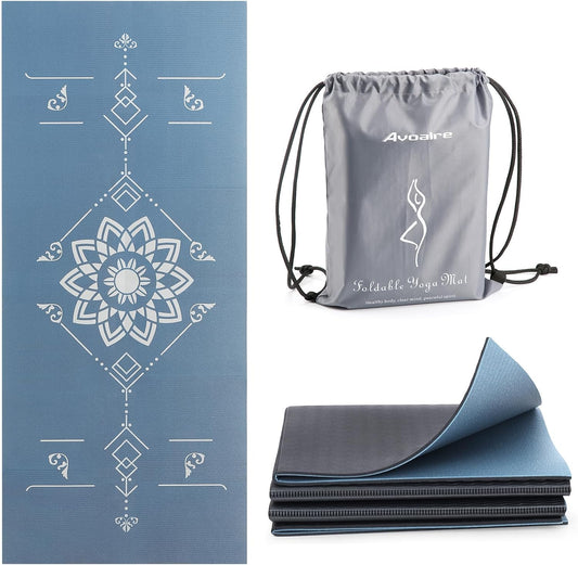Avoalre Folding Yoga Mat, Eco-Friendly PVC Travel Yoga Mat Packable, Double Sided Non-Slip Printed Yoga Mats with Bag for Home Workout Gym Exercise Fitness Pilates Stretching (72" x 32" x 0.24" Thick)