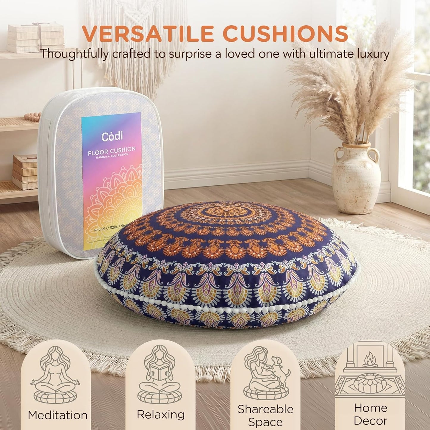 Codi Meditation Floor Pillow Set of 2, Round Large Pillows Seating for Adults, Bohemian Mandala Circle Cushion for Outdoor Fireplace Yoga Living Room, 32 Inch, Memory Foam Added, Purple Orchid NEW