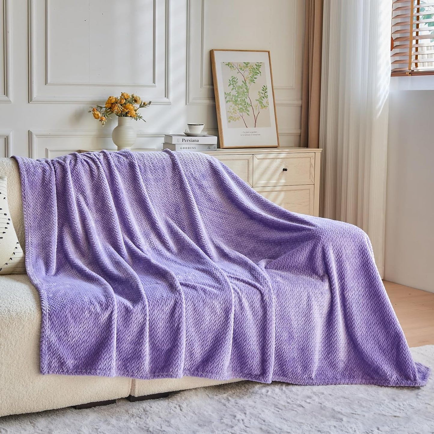 NEWCOSPLAY Super Soft Throw Blanket Light Purple Premium Silky Flannel Fleece Leaves Pattern Lightweight Bed Blanket All Season Use (Light Purple, Throw(50"x60")) - Colors B