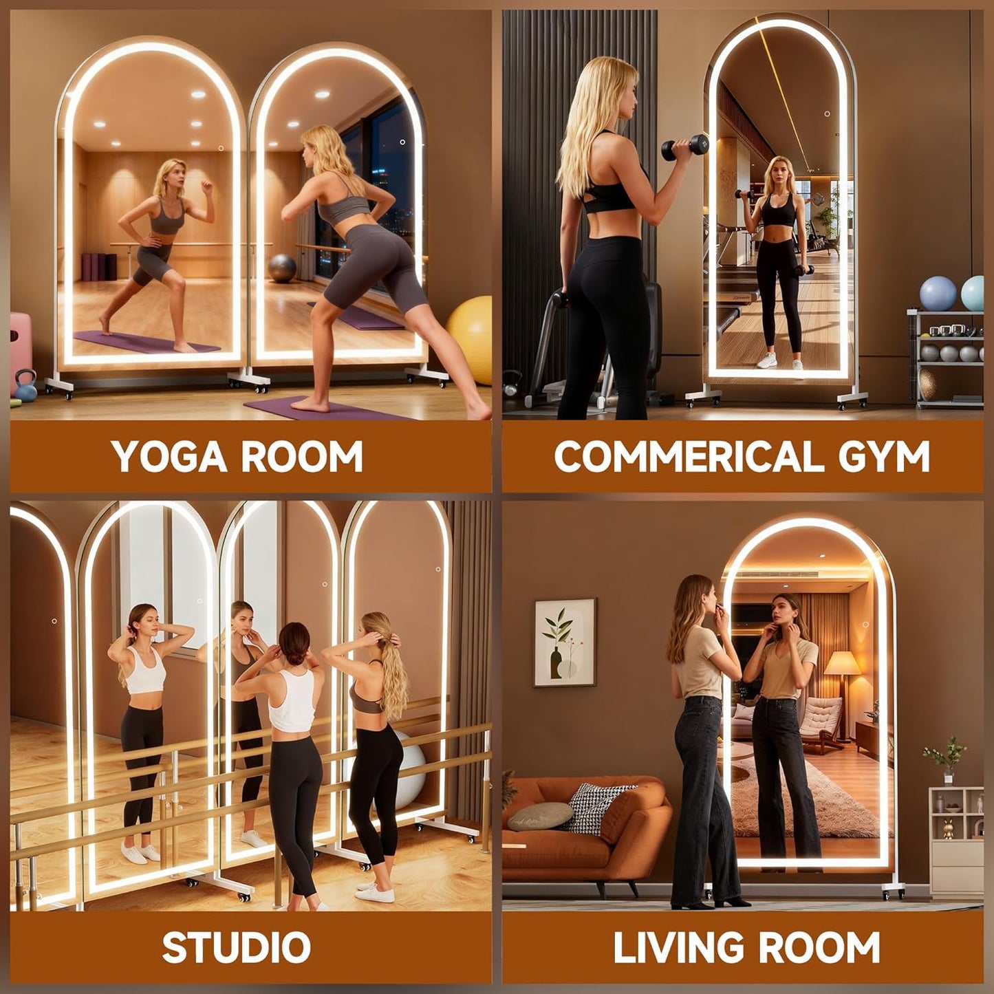 Hasipu 71" x 28" Arched Rolling Home Gym Mirror with Wheels, 360° Swivel Body Mirror with HD Tempered Glass, Large Floor Mirror for Yoga Room, Dance Studio, Bedroom & Home Gym