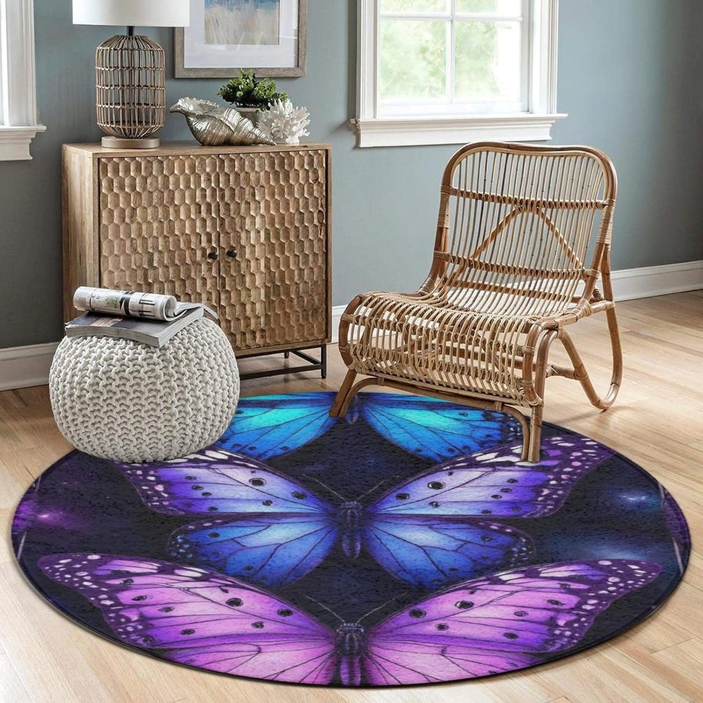 Soft Round Yoga Carpet, Office Chair Decor Round Mat for Carpet and Hardwood Floors Purple Butterfly