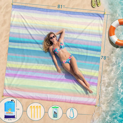 BYDOLL Beach Blanket Waterproof Sandproof Large Sand Free,78''X81''/10'X9' Oversized Sandless Lightweight Blanket Picnic Mat for Beach Travel Camping Hiking with Stakes