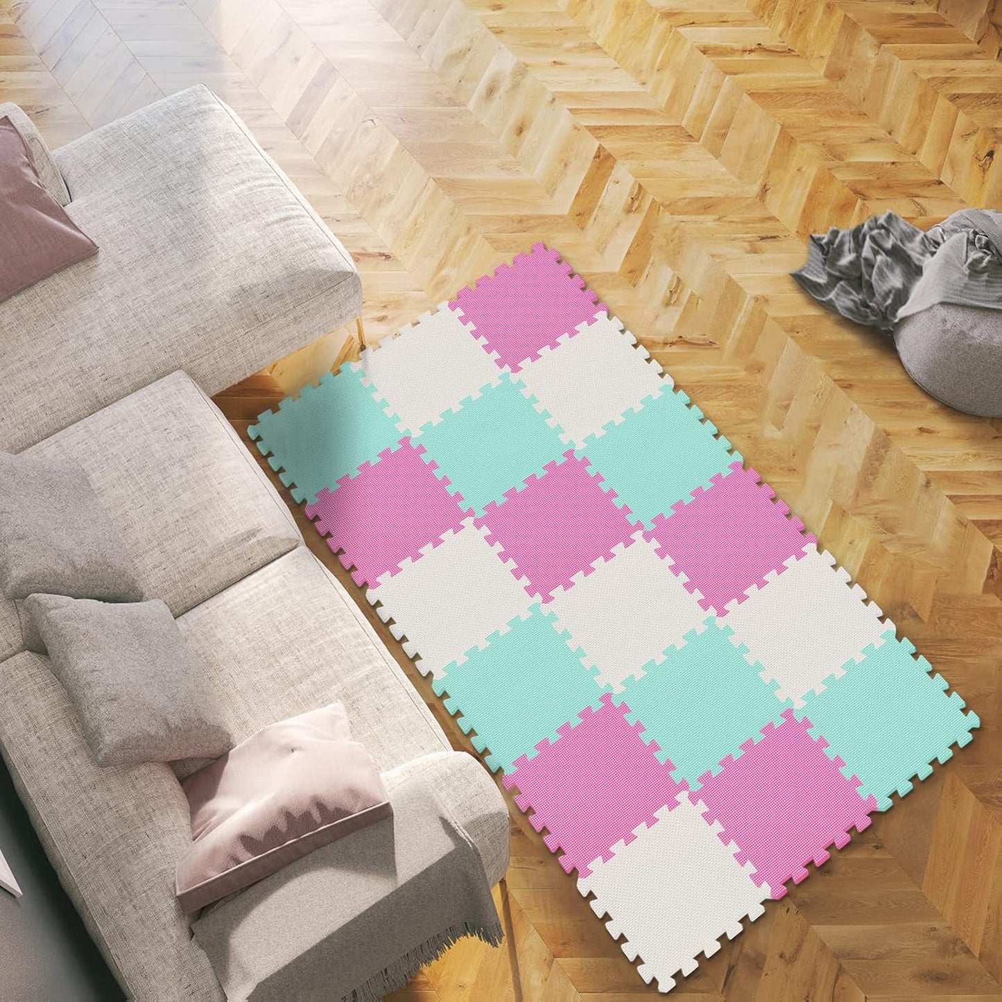 qqpp EVA Rubber 18 Tiles Interlocking Puzzle Foam Floor Mats - Baby Play Mat for Playing | Exercise Mat for Home Workout. White, Pink, Gray. QC-ACLb18N
