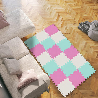 qqpp EVA Rubber 18 Tiles Interlocking Puzzle Foam Floor Mats - Baby Play Mat for Playing | Exercise Mat for Home Workout. White, Pink, Gray. QC-ACLb18N