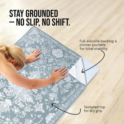 gogoKIWI Large Yoga Towel 72"x48" - Non-Slip Hot Yoga Towel with Corner Pockets & Full Silicone Backing, Printed Carpet-Style Design for Home Workouts, Pilates & Yoga