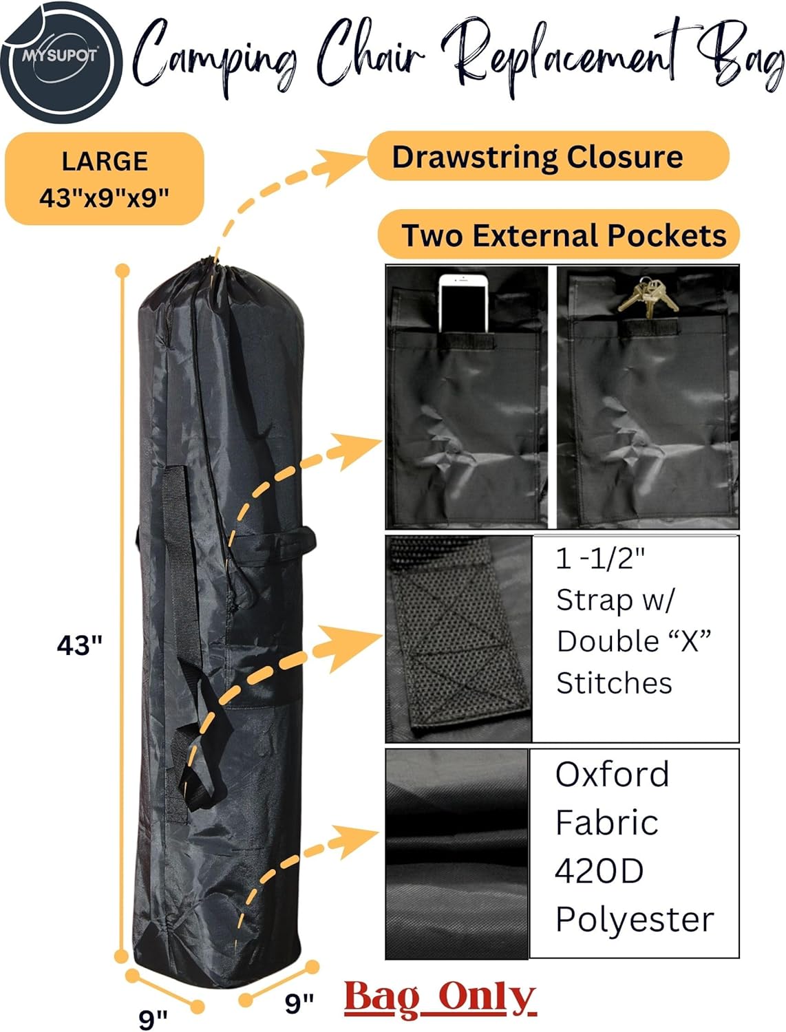 Replacement Bag for Folding Camping Chair, Portable Camp Chair, Hammock, Yoga Mat, Umbrella, Tents, Tripods, Fishing Poles - 420D Oxford Polyester Fabric