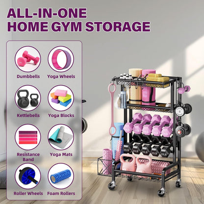 Dumbbell Rack, Weight Rack for Home Gym Storage Rack with Lockable Wheels & Hooks, Workout Equipment Storage for Yoga Mat Foam Roller Kettlebells Resistance Bands