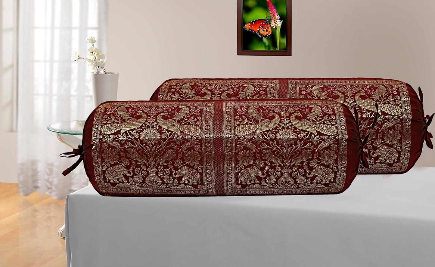 Ethnic Decorative Bolster Tube Pillow Covers Cylindrical Maroon Yoga Large Couch Round Cushion Cover Jacquard Brocade Poly Dupion Silk Small Elephant Throw Pillow Case 76x38cm (30x15 inch) 2 Pc.
