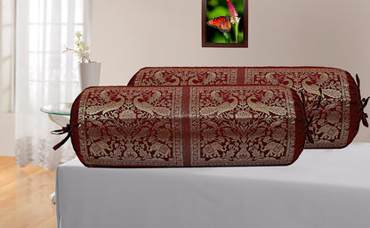 Ethnic Decorative Bolster Tube Pillow Covers Cylindrical Maroon Yoga Large Couch Round Cushion Cover Jacquard Brocade Poly Dupion Silk Small Elephant Throw Pillow Case 76x38cm (30x15 inch) 2 Pc.
