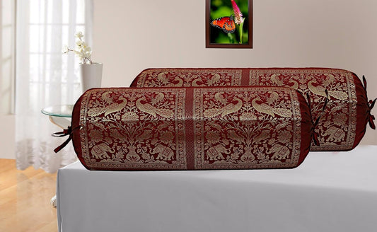 Ethnic Decorative Bolster Tube Pillow Covers Cylindrical Maroon Yoga Large Couch Round Cushion Cover Jacquard Brocade Poly Dupion Silk Small Elephant Throw Pillow Case 76x38cm (30x15 inch) 2 Pc.