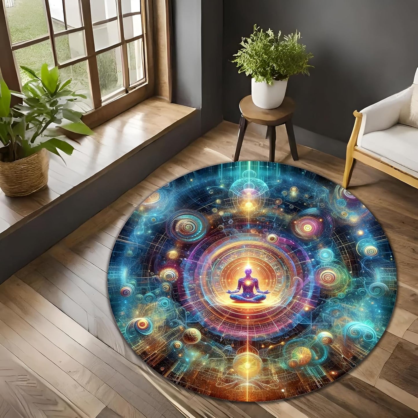 Chakra Round Area Rug, Non-Slip Meditation & Yoga Carpet for Living Room, Meditation Round Area Rugs, Modern Circular Bedroom Rug 57