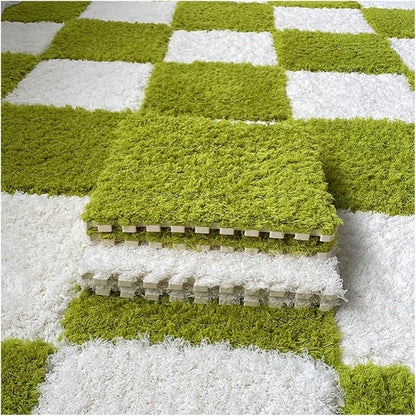 Thickened Plush Foam Interlocking Floor Carpet Mat, 24 Piece 12x12in Fluffy Square Puzzle Foam Carpet Tiles with Edgings, Soft Anti-Slip Shaggy Area Rug Playmat (Green+White)