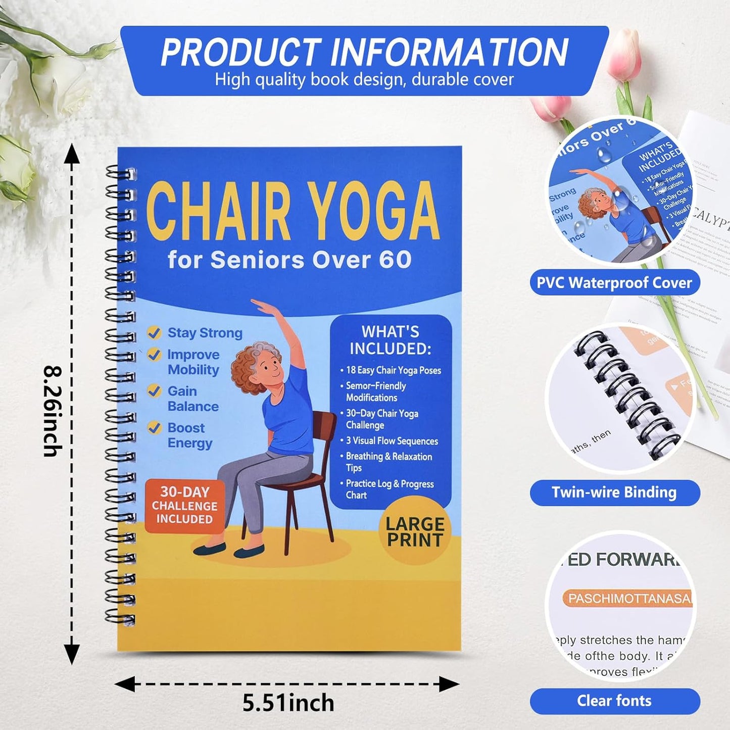 Chair Yoga for Seniors Over 60 Book & Chart – 30-Day Challenge, Gentle Seated Yoga Guide, Chair Yoga for Weight Loss & Flexibility, Senior Chair Exercises for Women & Men，Top Choice for Family Gifts (Purple)