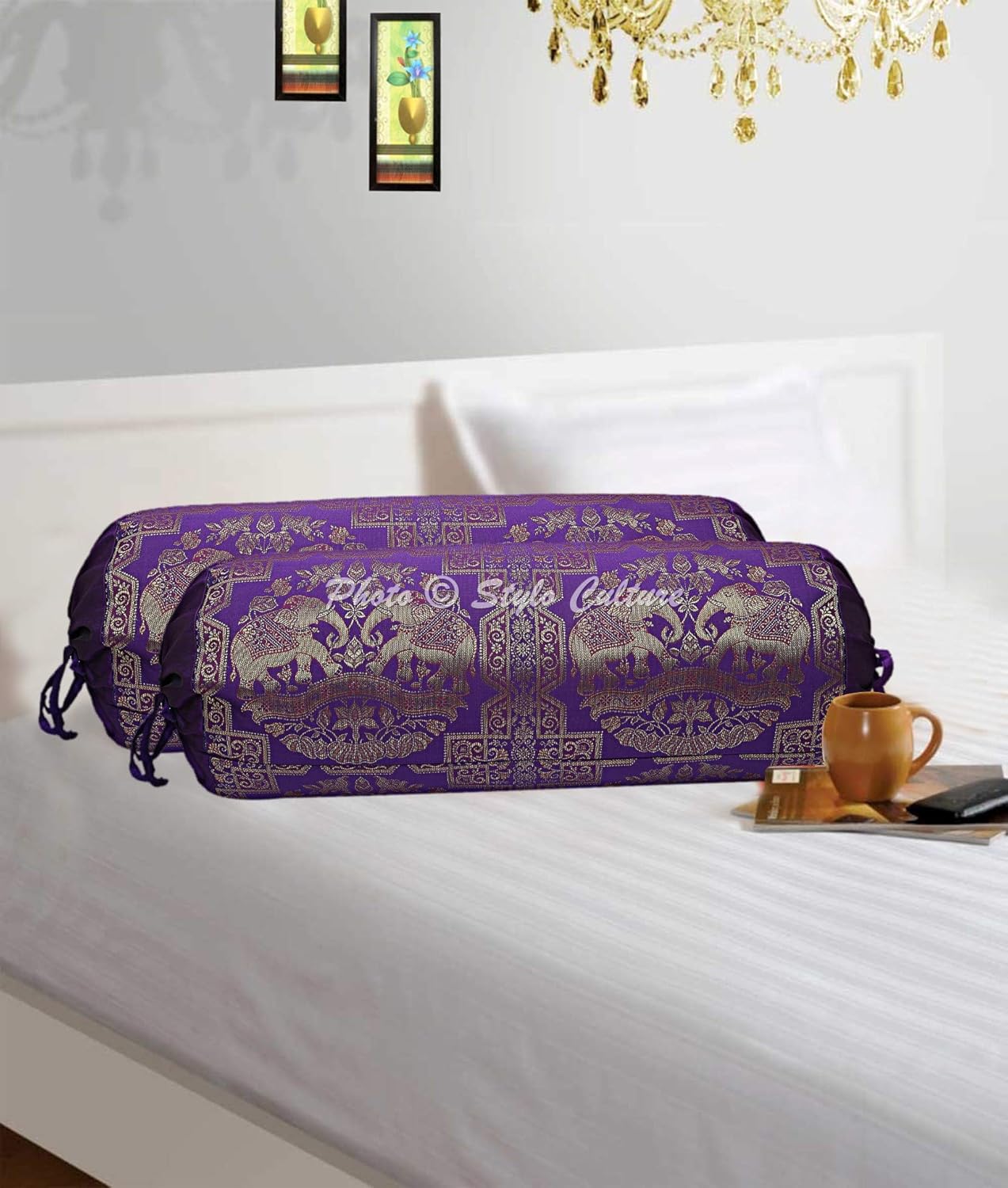 Ethnic Polydupion Indian Yoga Bolster Pillow Covers for Legs Purple Gold Elephant Cylindrical Brocade Silk Jacquard Neck Roll Tubular Banarsi Bolster Cases | (Set of 2) | 30x15 Inches