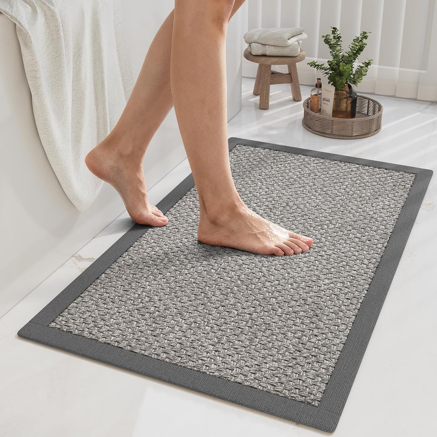 YDKGL Non Slip Long Bath Mat Bathroom Runner, Rubber Backing Ultra Thin Bathroom Rugs Fit Under Door Quick Dry Super Absorbent Washable Bath Rug Shower Mat for Bathtub Sink Floor, Dark Gray 17"x47"