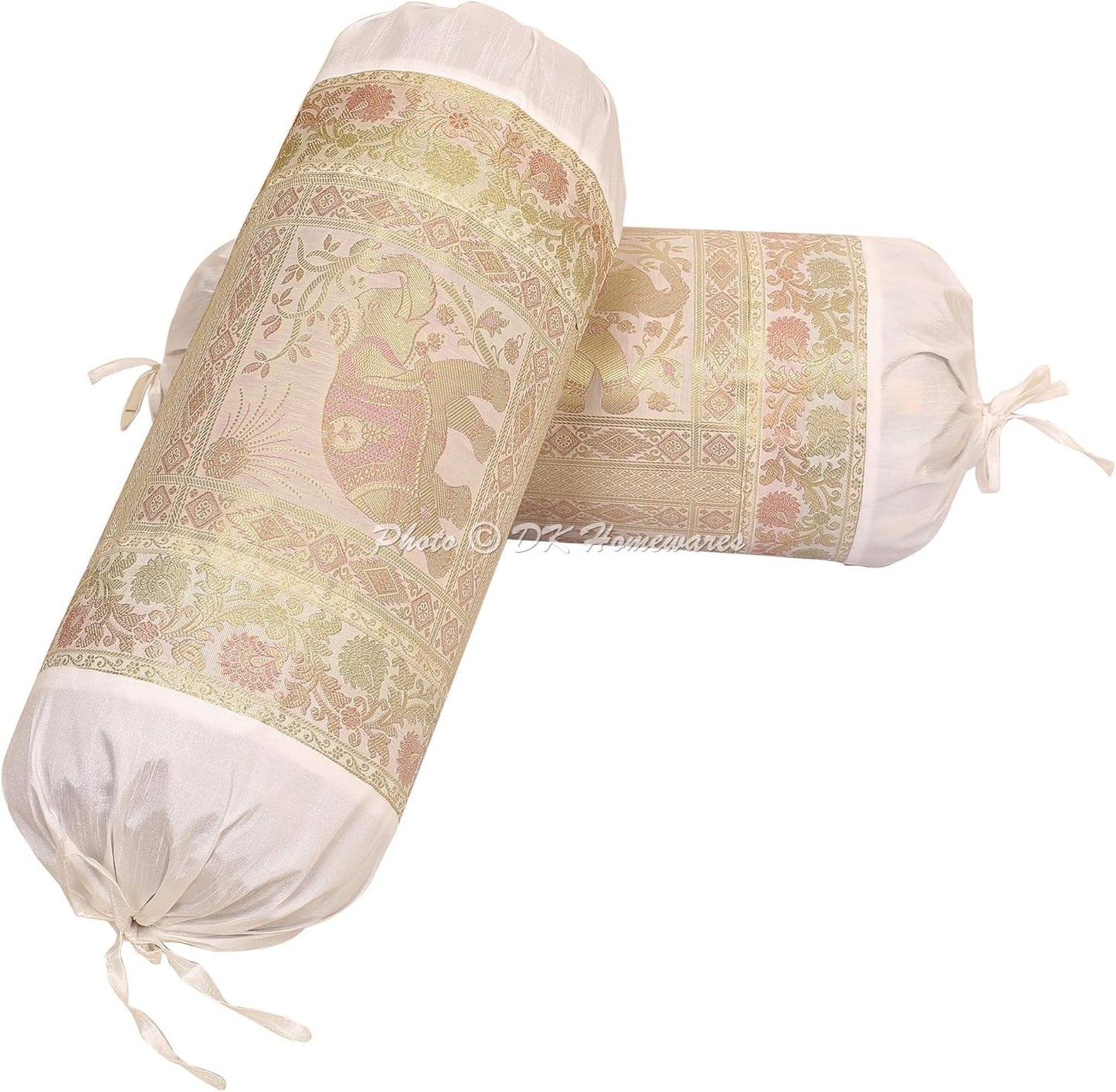 Ethnic Jacquard Brocade Silk Bolster Yoga Rectangle Pillow Cover Elephant White Tube Living Room Decorative Cylindrical Hotdog Traditional Throw Pillowcase 76x38 cm - Set of 2 Pcs