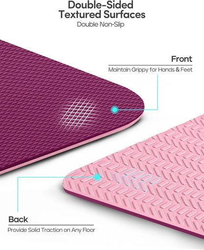 Heathyoga Yoga Mat Non Slip TPE Pilates Exercise Mats for Home Workout Gym Fitness Eco Friendly Thick Hot Yoga Mat with Strap Body Alignment,72"x 26" Thickness 1/4"