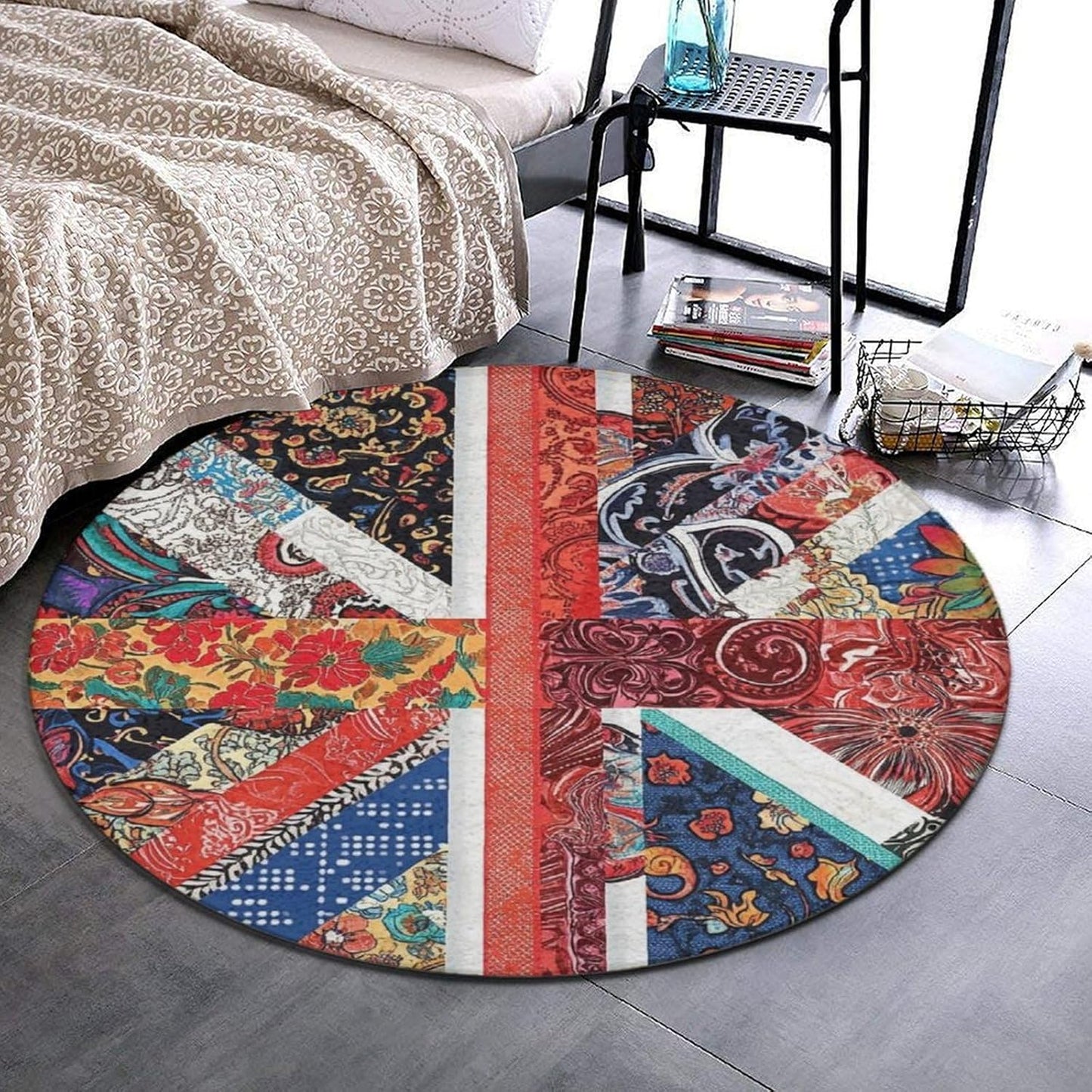 Machine Washable Modern Round Area Rug, Room Sofa Yoga Soft Round Carpet, Home Decor Non Slip Kitchen Office Circle Rug Union Jack Flag UK Mandala Art, 60inch