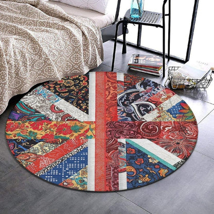 Machine Washable Modern Round Area Rug, Room Sofa Yoga Soft Round Carpet, Home Decor Non Slip Kitchen Office Circle Rug Union Jack Flag UK Mandala Art, 60inch