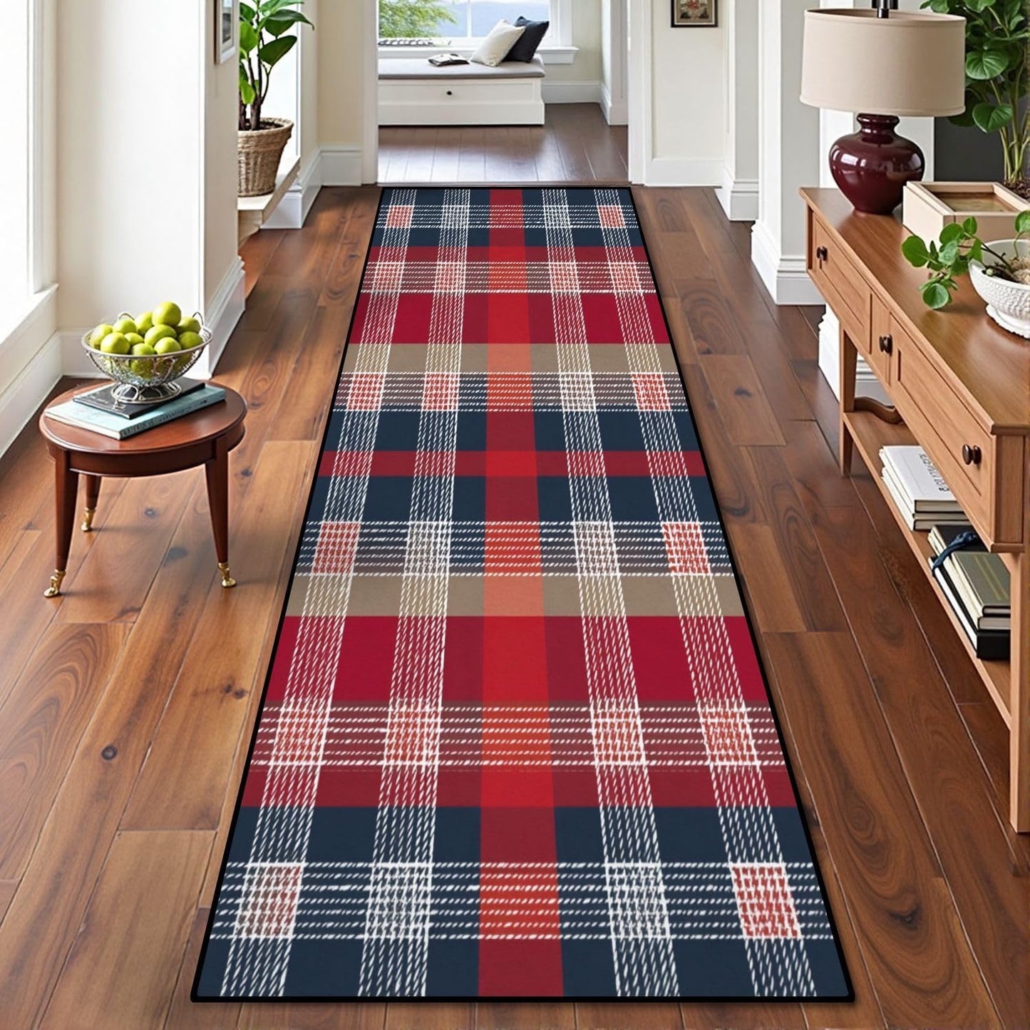 Runner Rug Washable 2x6 White Navy Blue Green Tartan Plaid Scottish Texture from Tartan Plaid Non-Slip Hallway Area Rug Indoor Outdoor Home Decor for Entryway Bathroom Kitchen Carpet Yoga Floor Mat