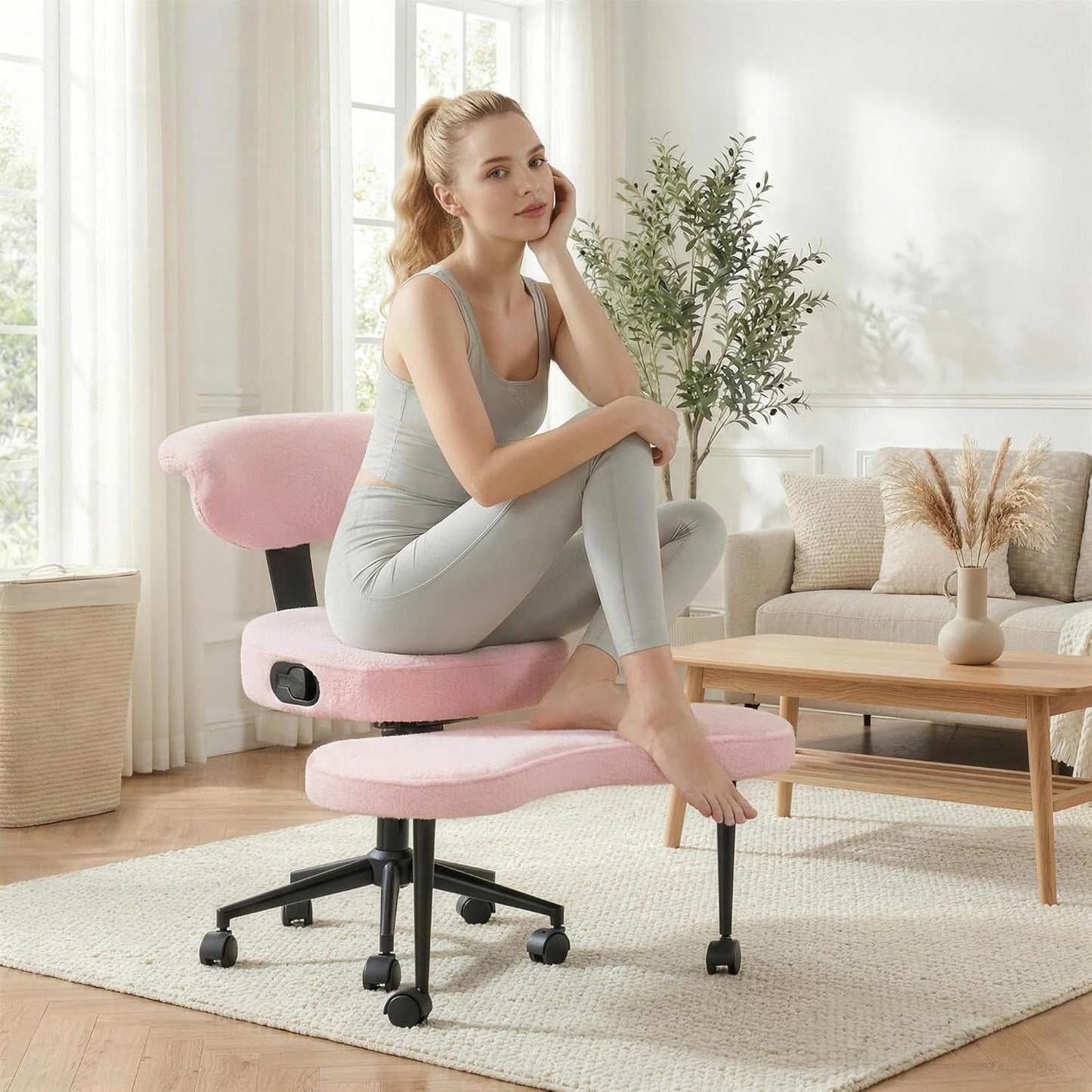 Garvee Ergonomic Cross Legged Office Chair with Lumbar Support, 360° Swivel Meditation Chair with Wheels - Adjustable Height for ADHD Desk & Yoga, Wide Criss Cross Chair, Kneeling Chair for Home, Pink