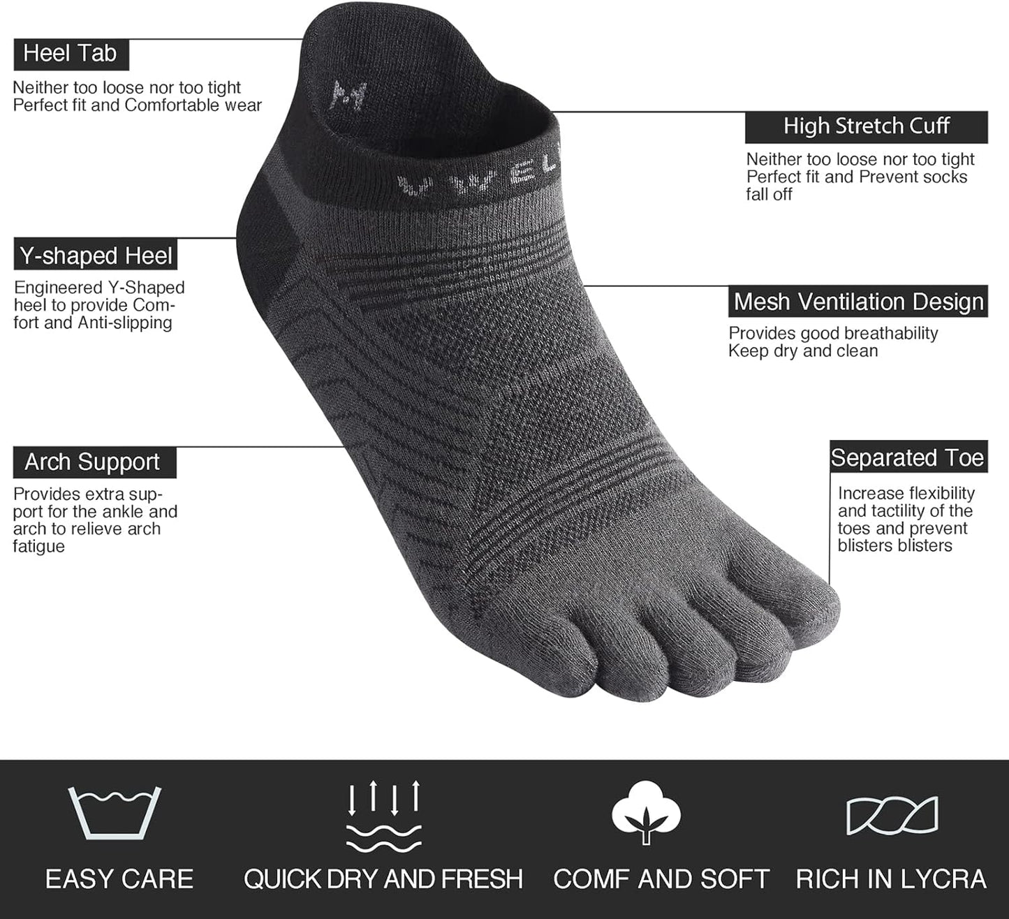 VWELL Toe Socks for Men/Women, COOLMAX Five Finger Socks, High Performance Athletic Toe Socks No Show (3Pairs)