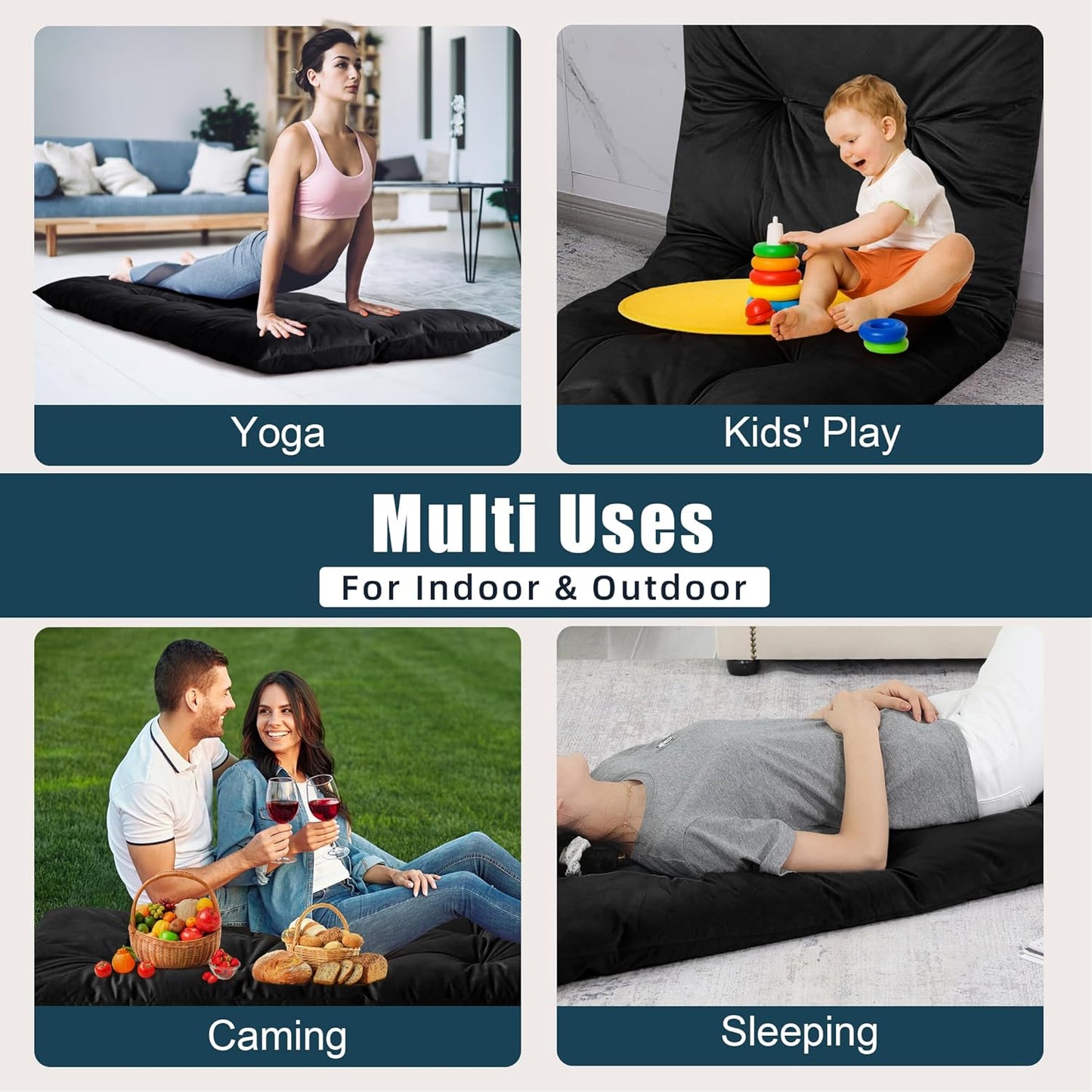 HOMBYS Floor Lounger Pillow Foldable and Tufted Design Long Floor Cushion for Yoga, Reading, Sleeping, Meditation, Elastic Band for Roll Up and Easy Storage, Machine Washable, Dark Grey, 74"x27"