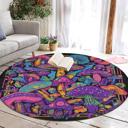 Machine Washable Modern Round Area Rug, Room Sofa Yoga Soft Round Carpet, Home Decor Non Slip Kitchen Office Circle Rug Trippy Rainbow Mushroom Tie Dye Art, 60inch