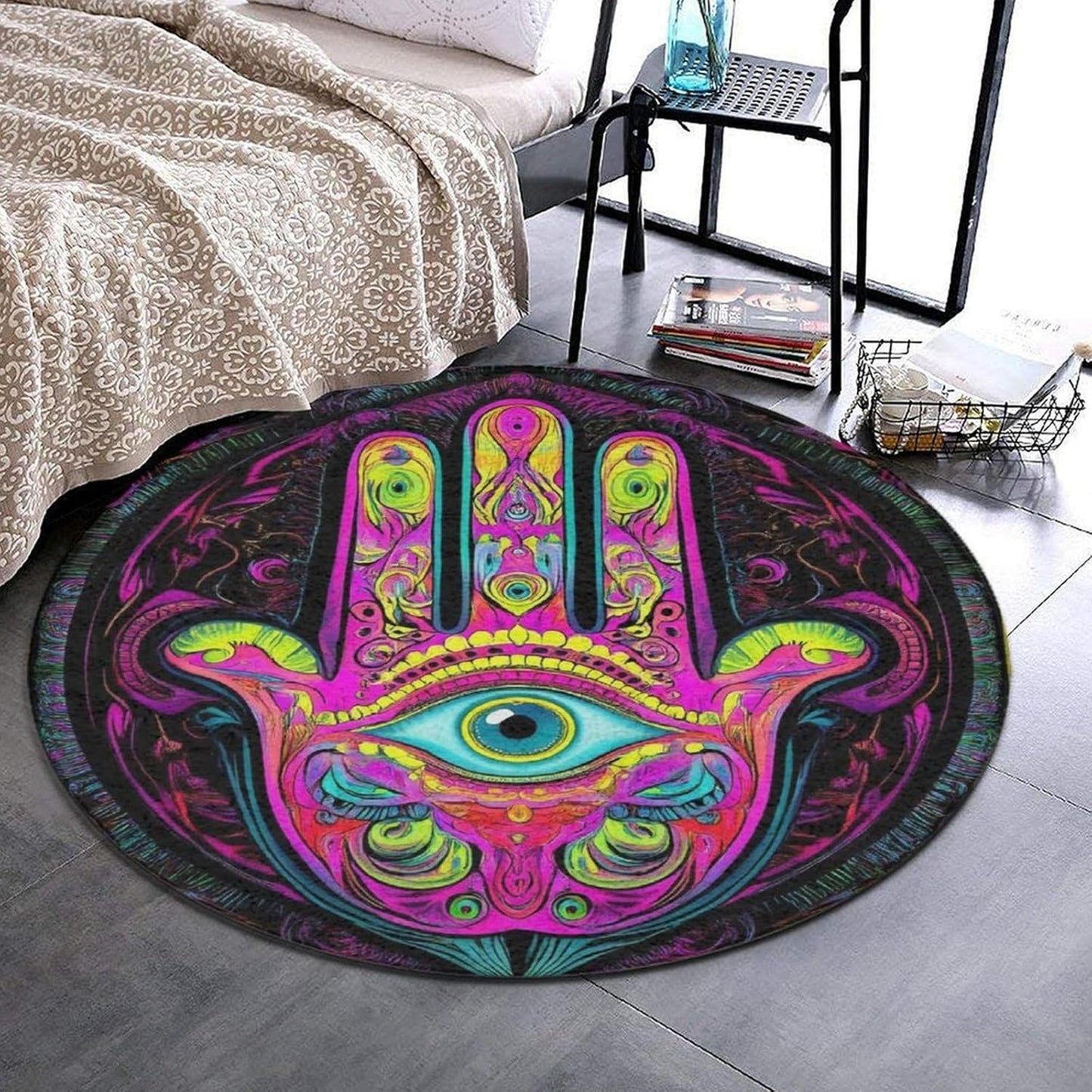 Machine Washable Modern Round Area Rug, Room Sofa Yoga Soft Round Carpet, Home Decor Non Slip Kitchen Office Circle Rug Trippy Rainbow Mushroom Tie Dye Art, 60inch