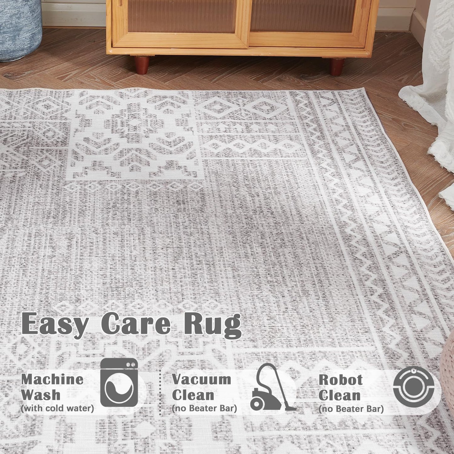 jinchan Area Rug 4x6 Ultra-Thin Washable Vintage Boho Geometric Entryway Rug Non-Slip Non-Shedding Carpet for Living Room Bedroom Blue Ivory