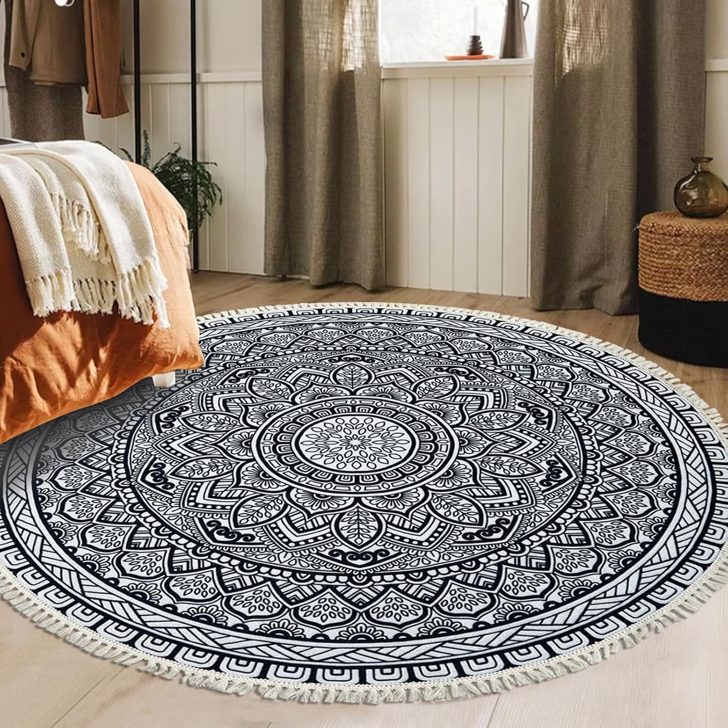 Boho Rug 5Ft Round Bedroom Carpet Circle Nonslip Farmhouse Area Rug Rustic Mandala Floor Mat for Living Room Locker Room Tassel Yoga Throw Rugs Washable Doormat, Purple