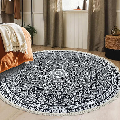 Boho Rug 5Ft Round Bedroom Carpet Circle Nonslip Farmhouse Area Rug Rustic Mandala Floor Mat for Living Room Locker Room Tassel Yoga Throw Rugs Washable Doormat, Purple