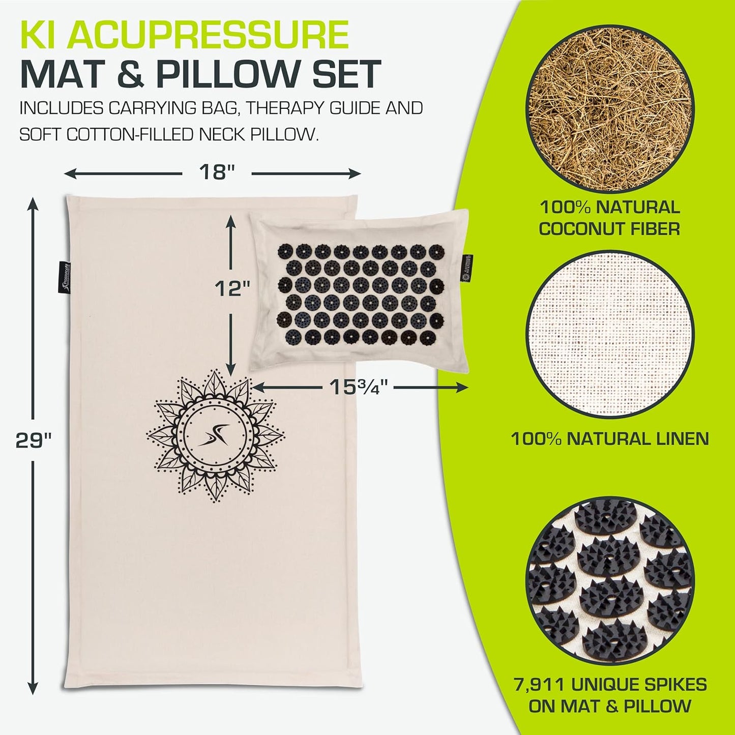 ProsourceFit Ki Acupressure Mat and Pillow Set with 100% Natural Linen for Back/Neck Pain Relief and Muscle Relaxation