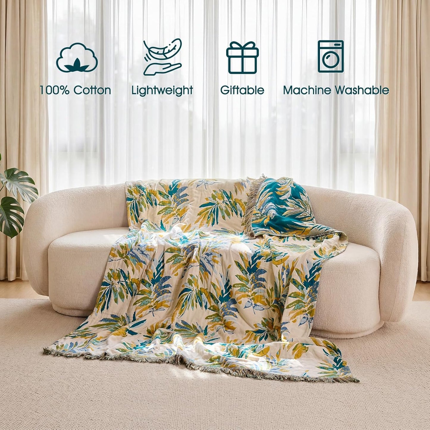 Boho Throw Blanket - 100% Cotton Soft Summer Throw Blanket for Bed, 50"x60" Reversible Breathable Lightweight Blankets, All Seasons Farmhouse Decor Floral Plant Butterfly Throw Quilt